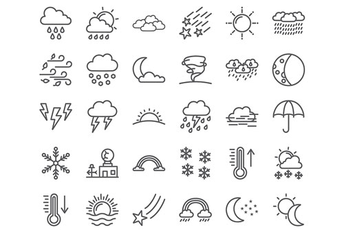 کامل ترین کالکشن وکتور آیکون های آب و هوا و هواشناسی شامل ابر های بارانی و هوای ابری و ابر بارانی و هوای برفی